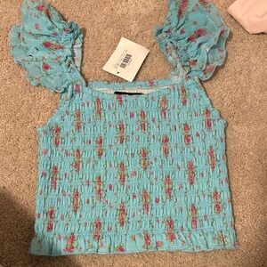 Katie J Turquoise Floral Smocked Blouse